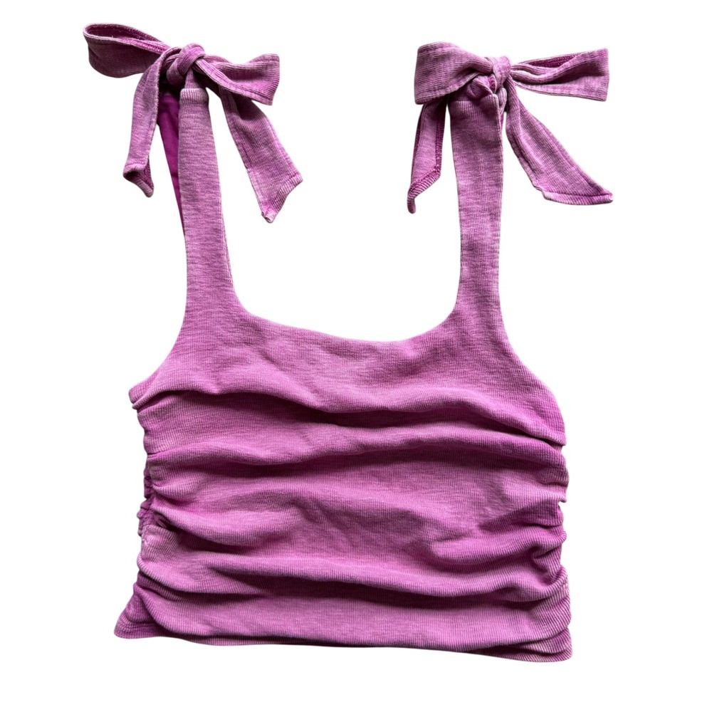 Free People Pink Ribbed Ruched Crop tank Size L Coquette Ballet Core Boho Flirty